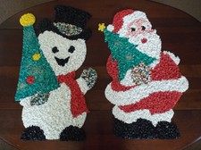 2 LARGE VINTAGE MELTED POPCORN CHRISTMAS DECORATIONS SNOWMAN & SANTA