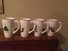 FITZ & FLOYD CHRISTMAS HOLIDAY PORCELAIN TALL MUGS LATTE COCOA CUPS Set 4 VGC