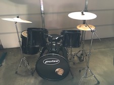Pulse 5 Piece Drum Set New Remo Heads Zildjian Cymbals Dbl Bass Pedal Black