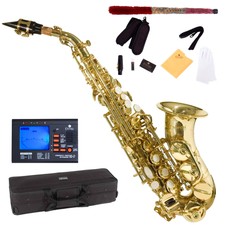 NEW GOLD Bb CURVED SOPRANO SAXOPHONE SAX PACKAGE +TUNER