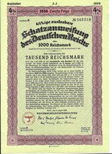 German bond. Nazi Treasury Bill for 1000 R. Marks, 1936 Berlin.