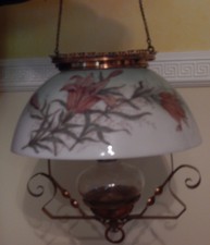 ANTIQUE VICTORIAN BRASS ADJUSTABLE OIL KEROSENE CEILING LAMP PAINTED SHADE
