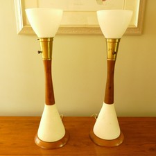 Pair of Vintage Mid Century Lamp Ceramic Teak Walnut Danish Modern Eames Era