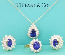 Tiffany & Co 18k 8.33 ct Sapphire & 5.14 ct Diamond Earrings Necklace & Ring Set