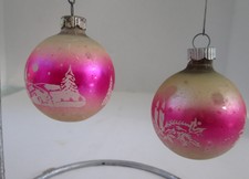 2 Vtg Shiny Brite Pink & White Stencil Christmas Ornaments Church & Candle 076