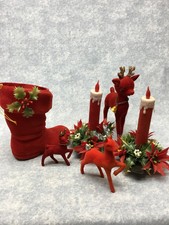 Lot of red Flocked Vintage Christmas items 2 Candles, 3 deer , Lg Santa Boot