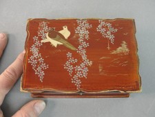 HANDMADE VINTAGE ASIAN JAPANESE WOOD WOODEN JEWELRY TRINKET BOX BIRDS FLOWERS