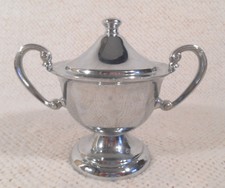 Shiny Silver Tone Non-Ferrous Metal Rhodium ? Footed Lidded & Handled Sugar Bowl