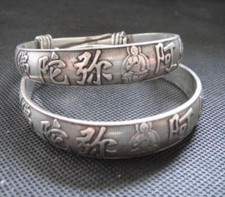 OLD HANDWORK MIAO SILVER CARVED LUCKY BUDDHA ADJUST BRACELET BANGLE