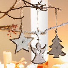 Set of 3Pcs Christmas Angel Star Wooden Xmas Tree Hangers Rustic Ornaments