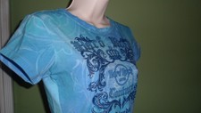 HARD ROCK COUTURE ORLANDO T SHIRT BLUE W/DESIGNS COTTON/SPANDEX PREOWNED 