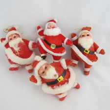 Vintage Flocked Dancing Santa Christmas Ornaments Lot of 4