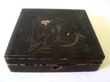 Asian Chinese Antique Small Black Wooden Jewelry / Card Box - Floral Painted KD