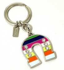 NEW RARE COACH Legacy Stripe Crystal Ename Lucky U Horse Shoe Key Chain Ring Fob