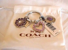 RARE Coach Purple Crystal Pave Heart Flower Keychain Key ring Bag Charm 92330