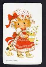 Vintage Swap Card - Cute Girl with Vase of Flowers & Puppy (BLANK BACK)