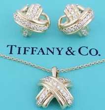 Tiffany & Co 0.52 ct 18k Signature "X" Round Diamond Earrings & Necklace 18" Set