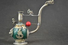 Old Handwork Green Jade inlay Pipe Tibet Silver Dragon Smoking Pipe Collectible 