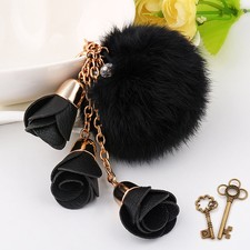 Leather flower tassel fur fluffy ball long key chain ring handbag pendant charm