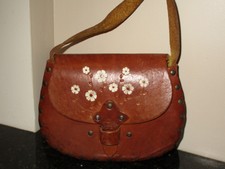 Vintage 1960-70s  Hippie Leather Tooled Painted PURSE Shoulder Bag