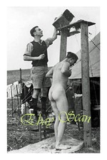 VINTAGE 1940's PHOTO SOLDIER BATHES NUDE MAN IN SHOWER GAY INTEREST 38