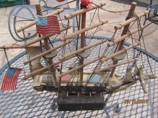 Vintage Wooden Sail Ship Bank with side Cannons - USA American Flags 